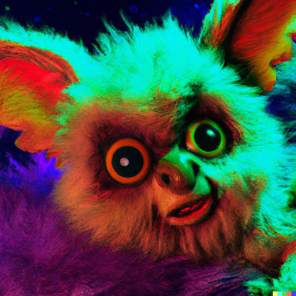 DALL·E prompt: cute surprised furry gremlin, detailed from 1984 gremlins movie, colourful lighting